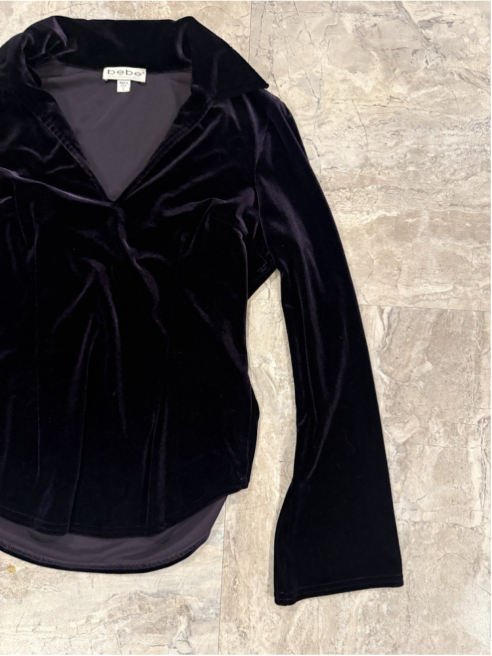 VTG Bebe Velvet Purple v-Neck Collar Flare Sleeve Top Y2K Grunge Slim Fit USA